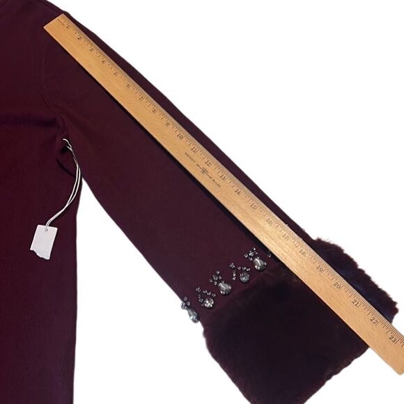 Chico’s Deep Merlot Faux Fur Embellished Pullover Sweater. Size Medium - Picture 11 of 11